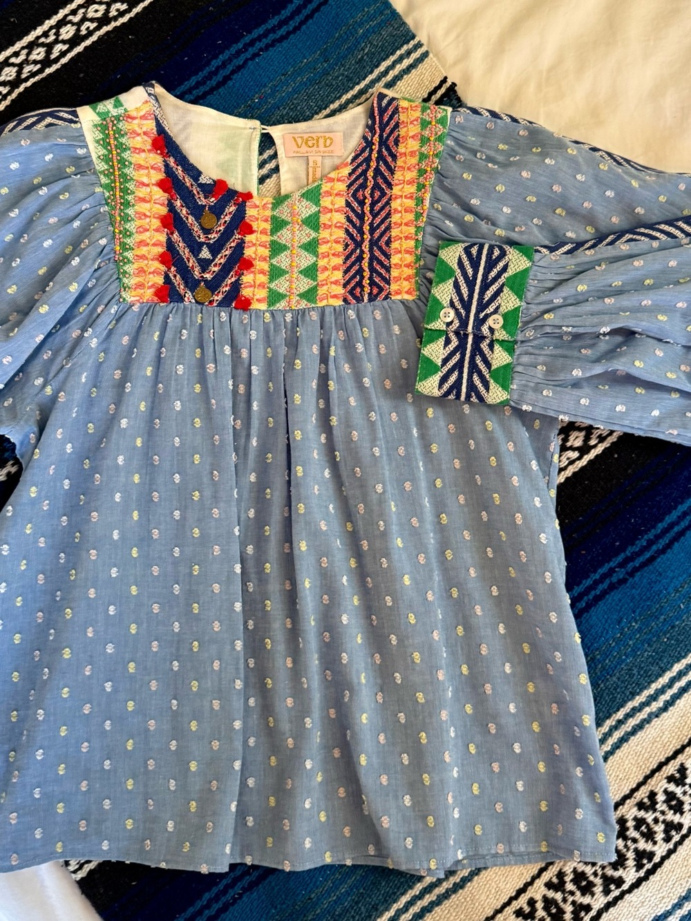 Verb by Pallavi Singhee Embroidered Boho Peasant Blouse Swiss Dot Size S/M